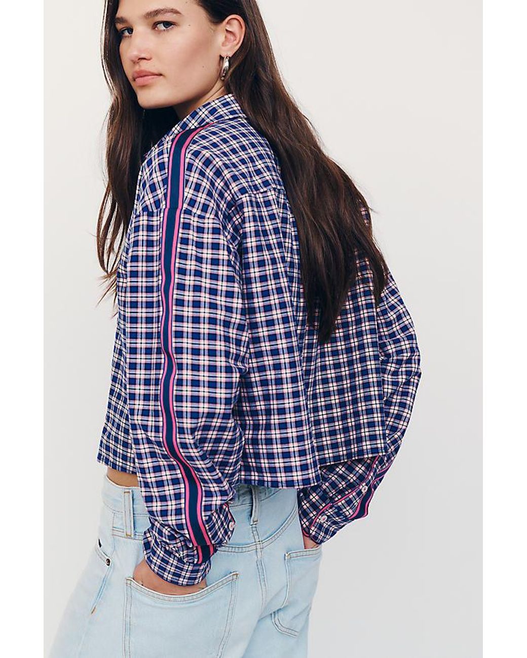 Maeve Blue Checked Cropped Shirt