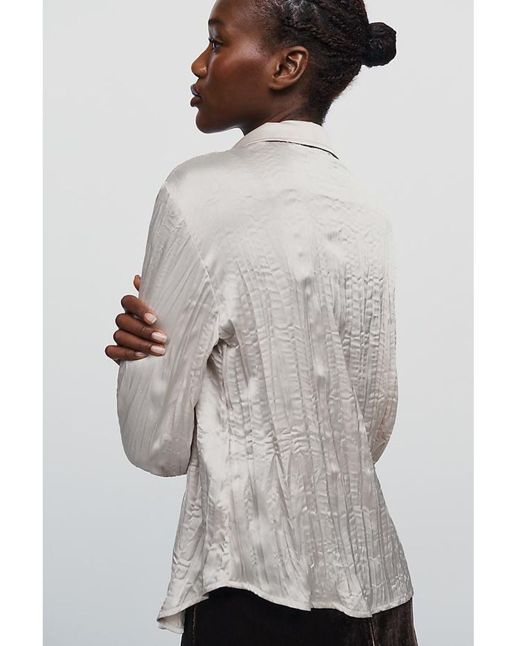 By Anthropologie Gray Long-Sleeve Ruffled Silken Blouse