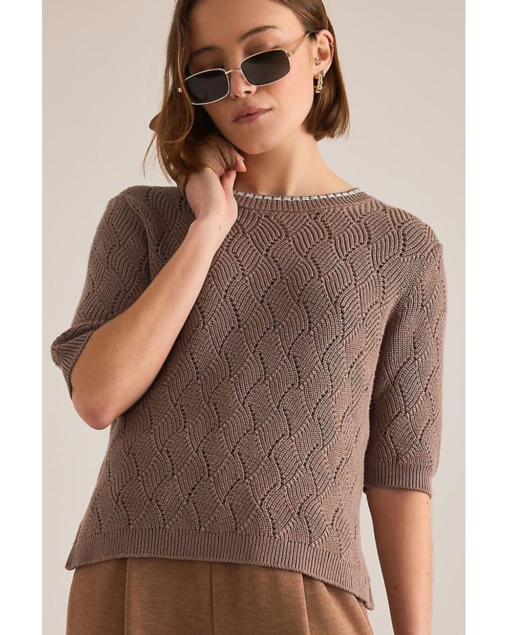 Varley Brown Agathe Pointelle Knit Top