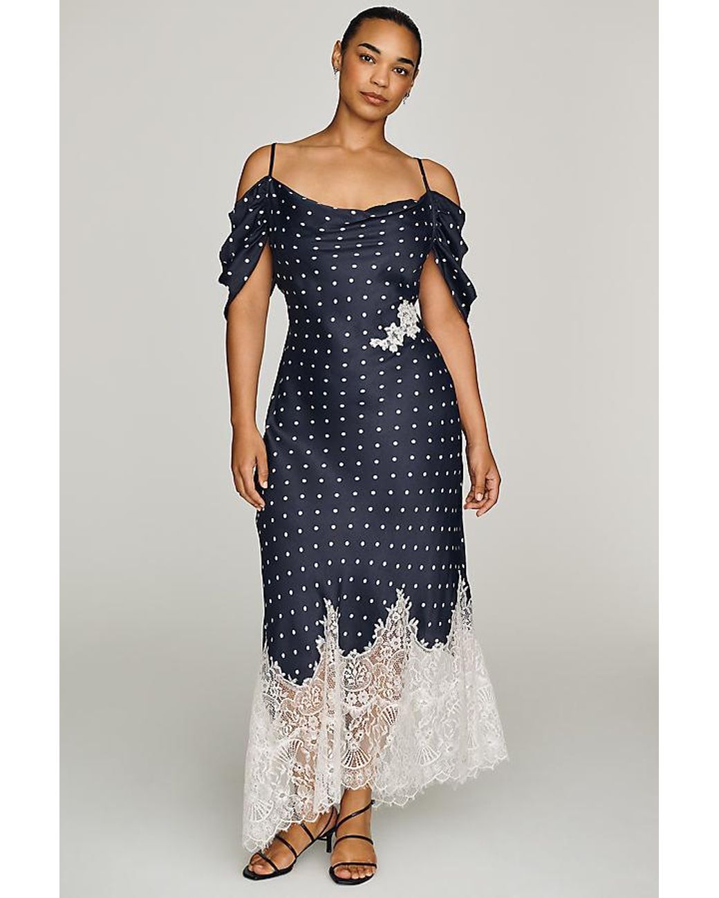 Bl-nk Blue Regina Polka Dot Lace-Trim Midi Slip Dress