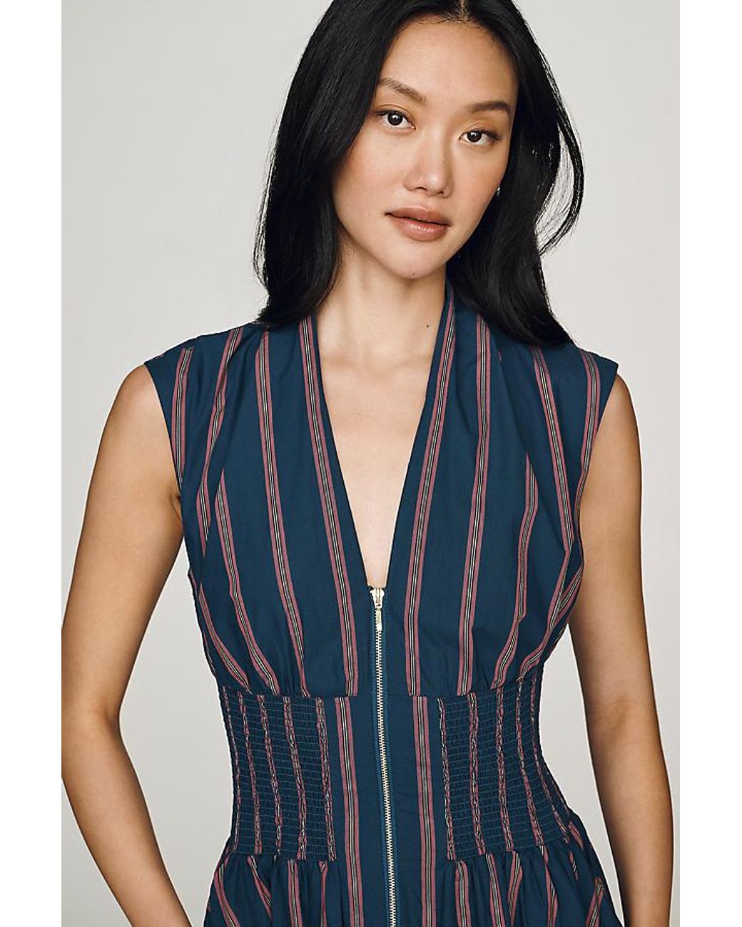 By Anthropologie Blue The Tommie Cap-Sleeve Smocked Front-Zip Shirt Dress: Stripe Edition