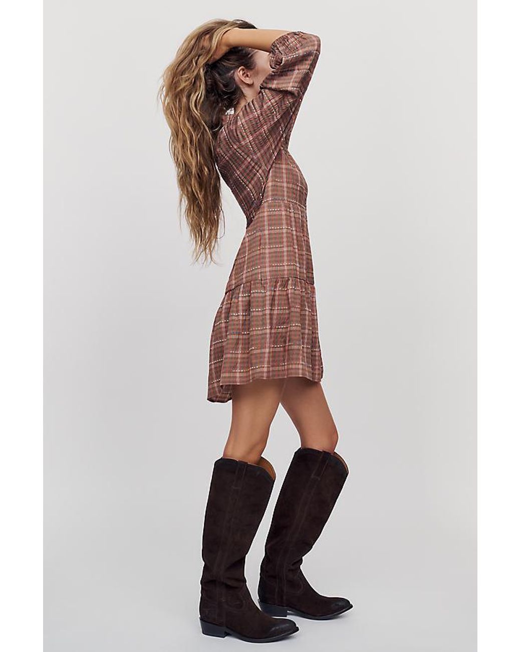 Maeve Brown The Bettina Tiered Plaid Mini Shirt Dress By