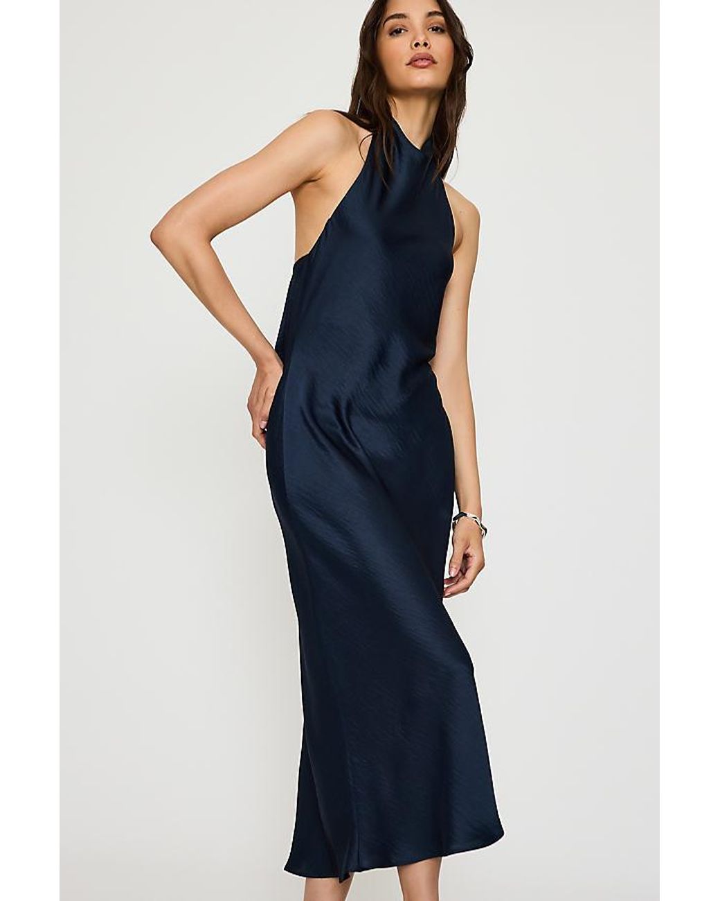 By Anthropologie Blue Halter Satin Midi Slip Dress
