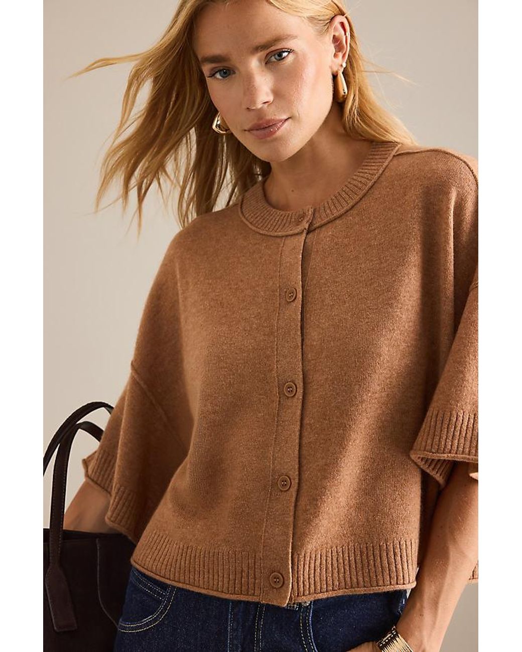 By Anthropologie Brown The Goldie Crew-Neck Cashmere Jumper: Cardigan Edition