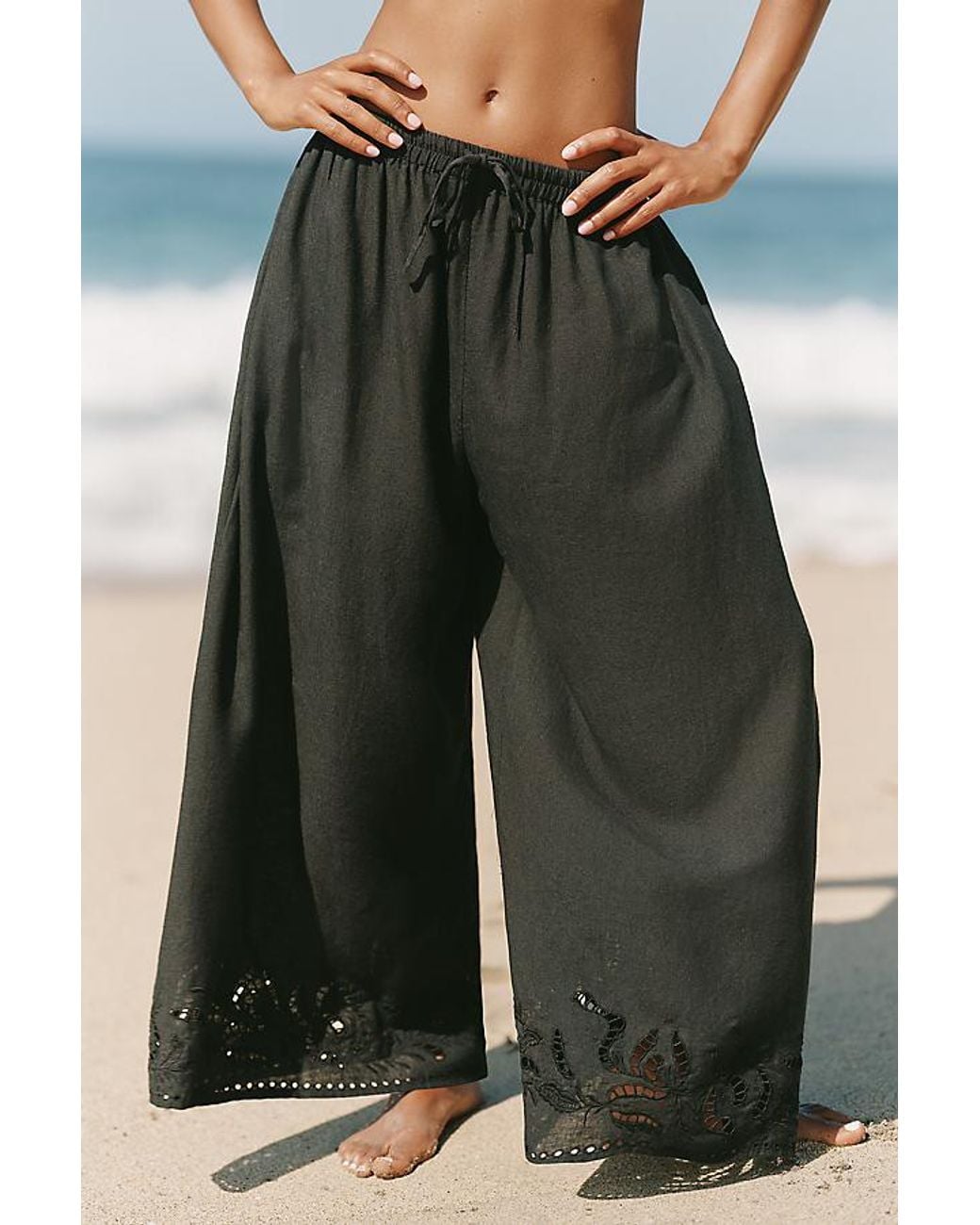 Celandine Blue Cutout Linen-Blend Trousers