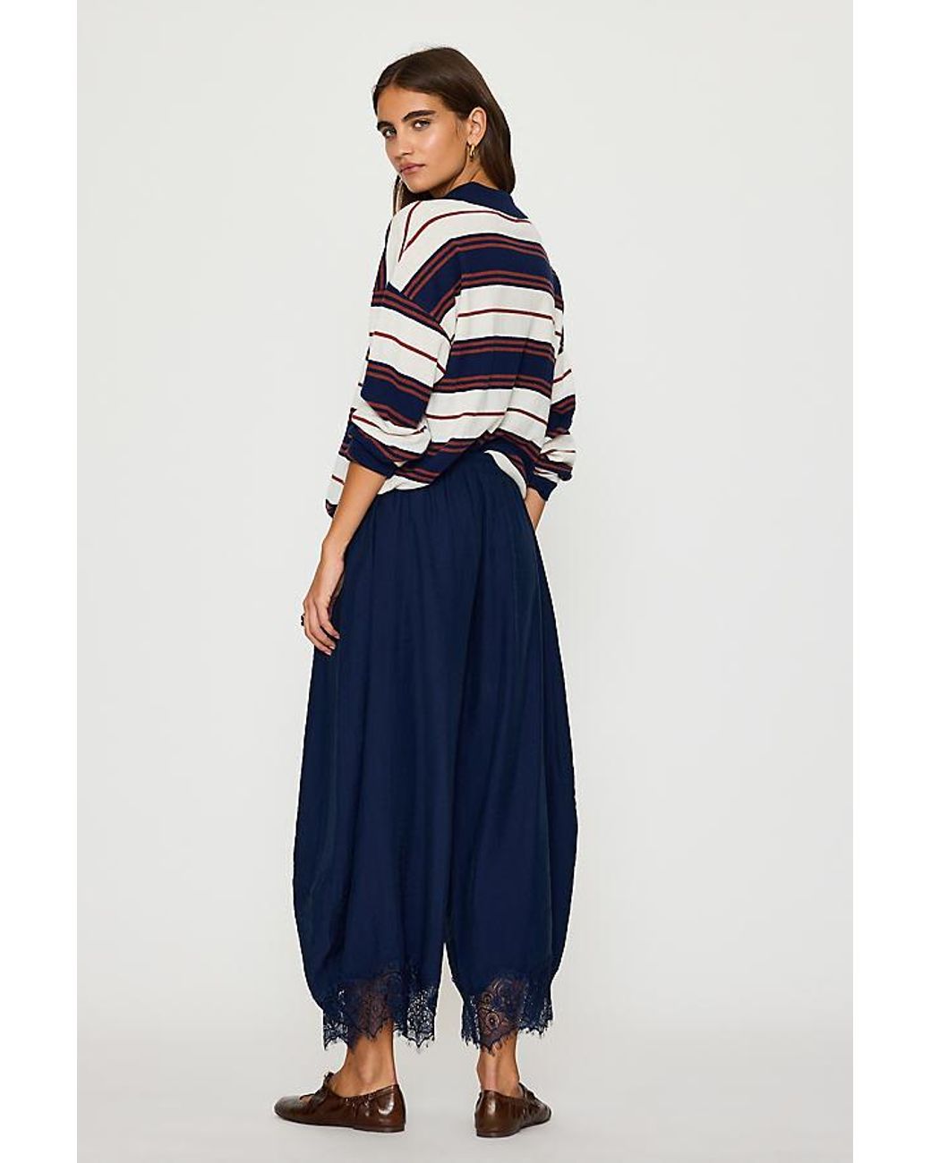 By Anthropologie Blue Reverie Cropped Lace-Hem Trousers