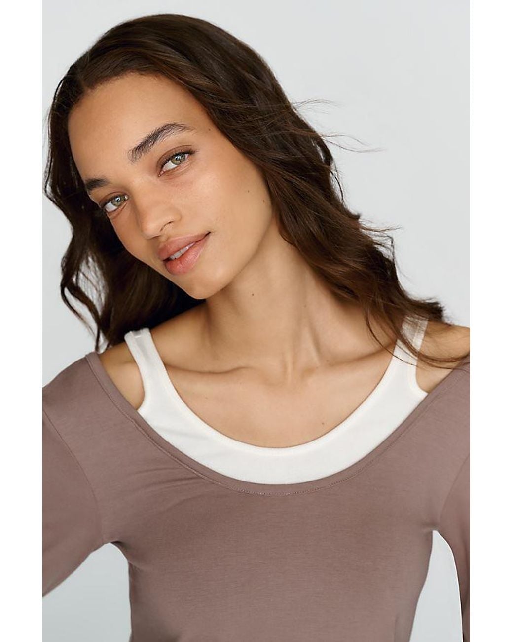 By Anthropologie Brown 100% Cotton Layered Ribbed Top