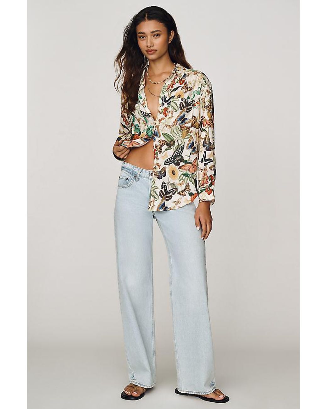 By Anthropologie Brown Relaxed Long-Sleeve Floral Shirt
