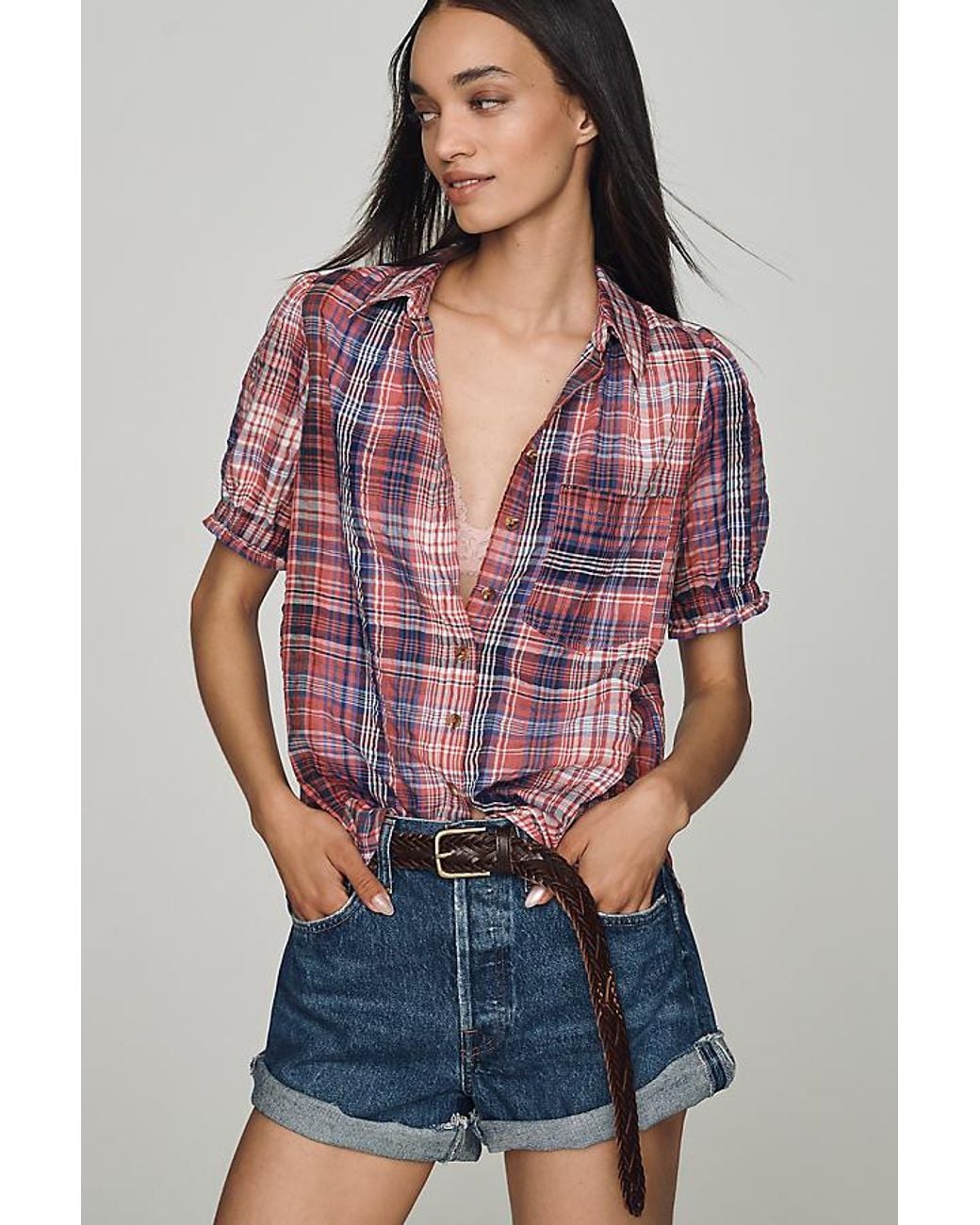Pilcro Red Aly Puff-Sleeve Blouse
