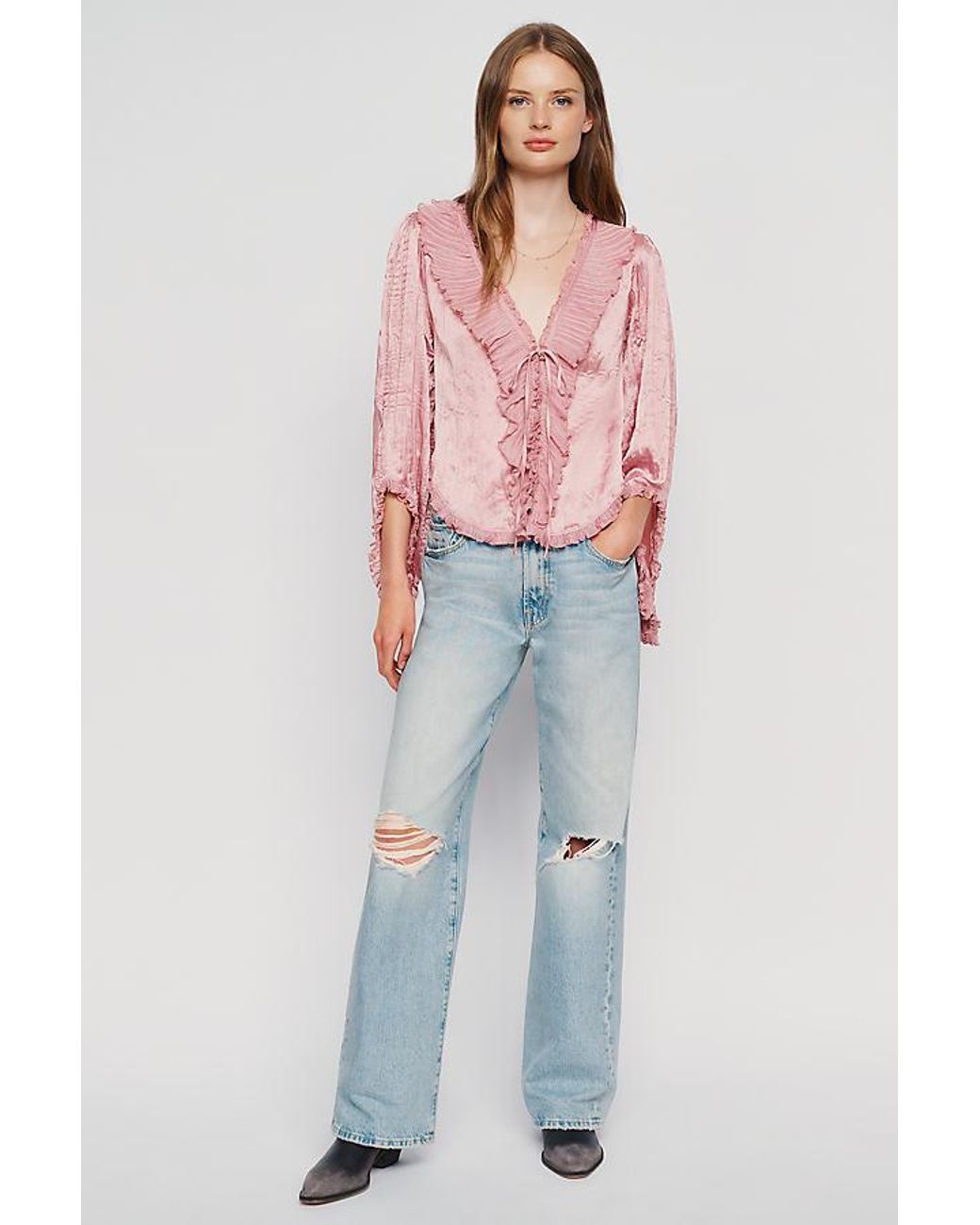By Anthropologie Pink Mariana Satin Ruffled Tie-Front Blouse