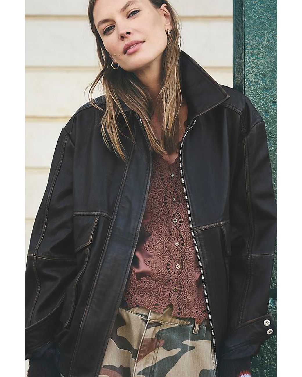 By Anthropologie Black Real Leather Bomber Jacket