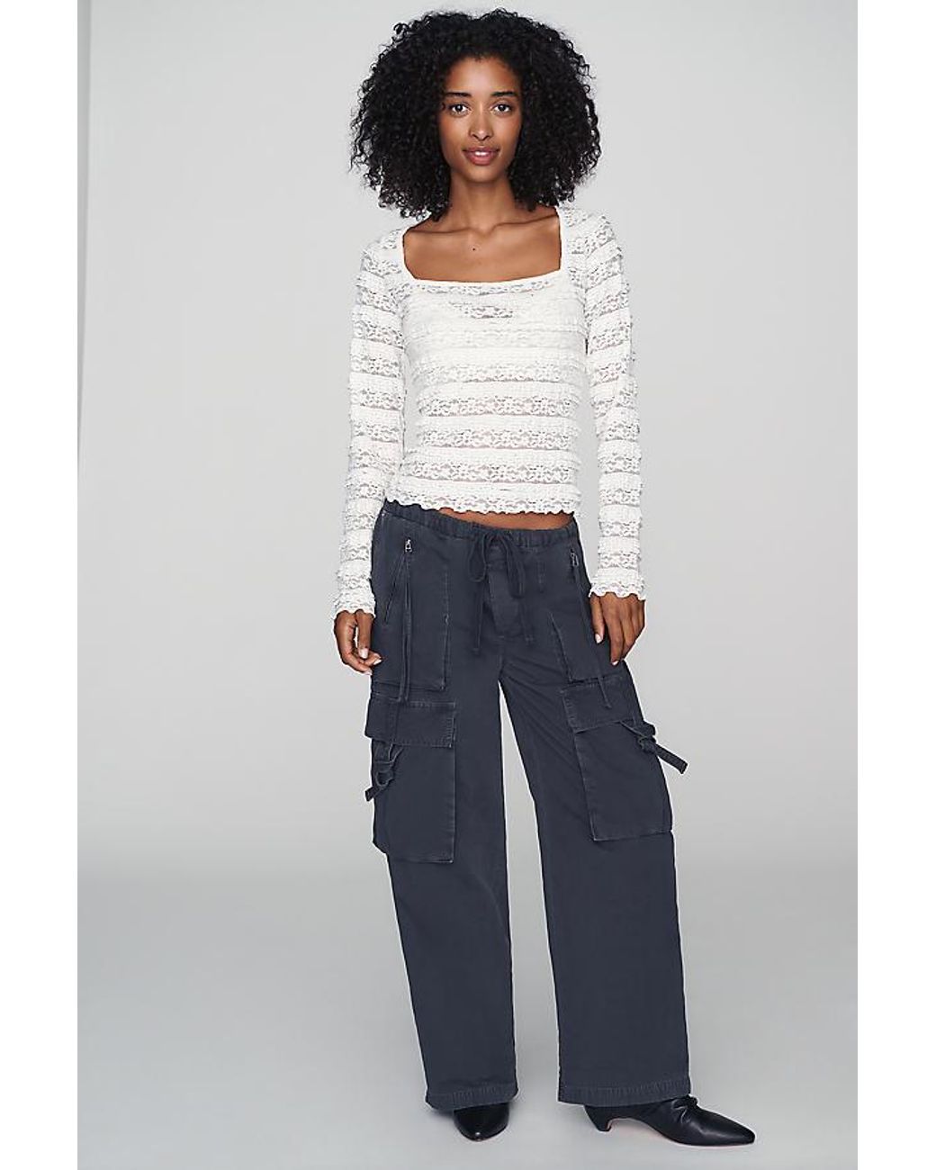 By Anthropologie White Square-Neck Lace Long-Sleeve Top