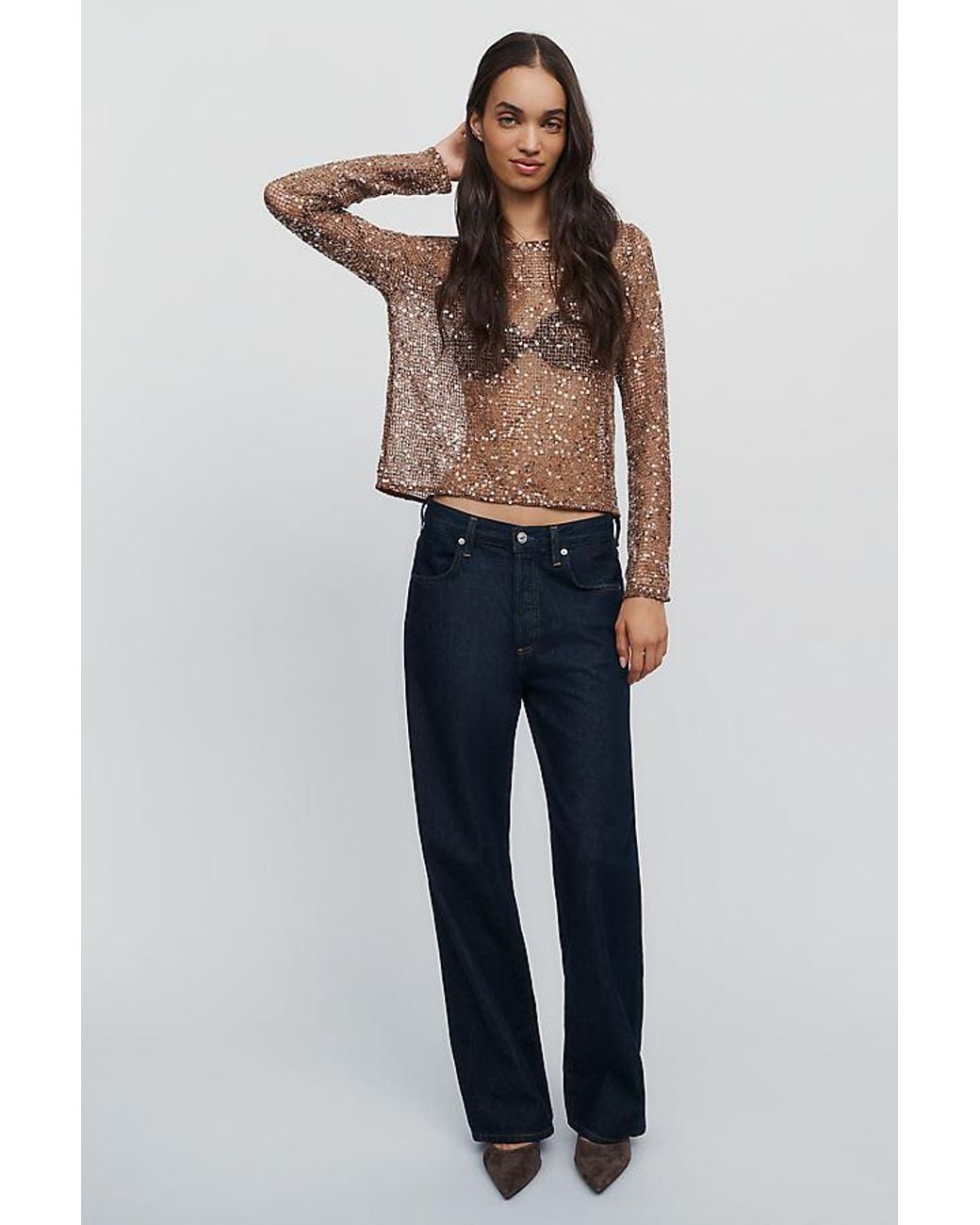 By Anthropologie Blue Sheer Sequin Crew-Neck Top
