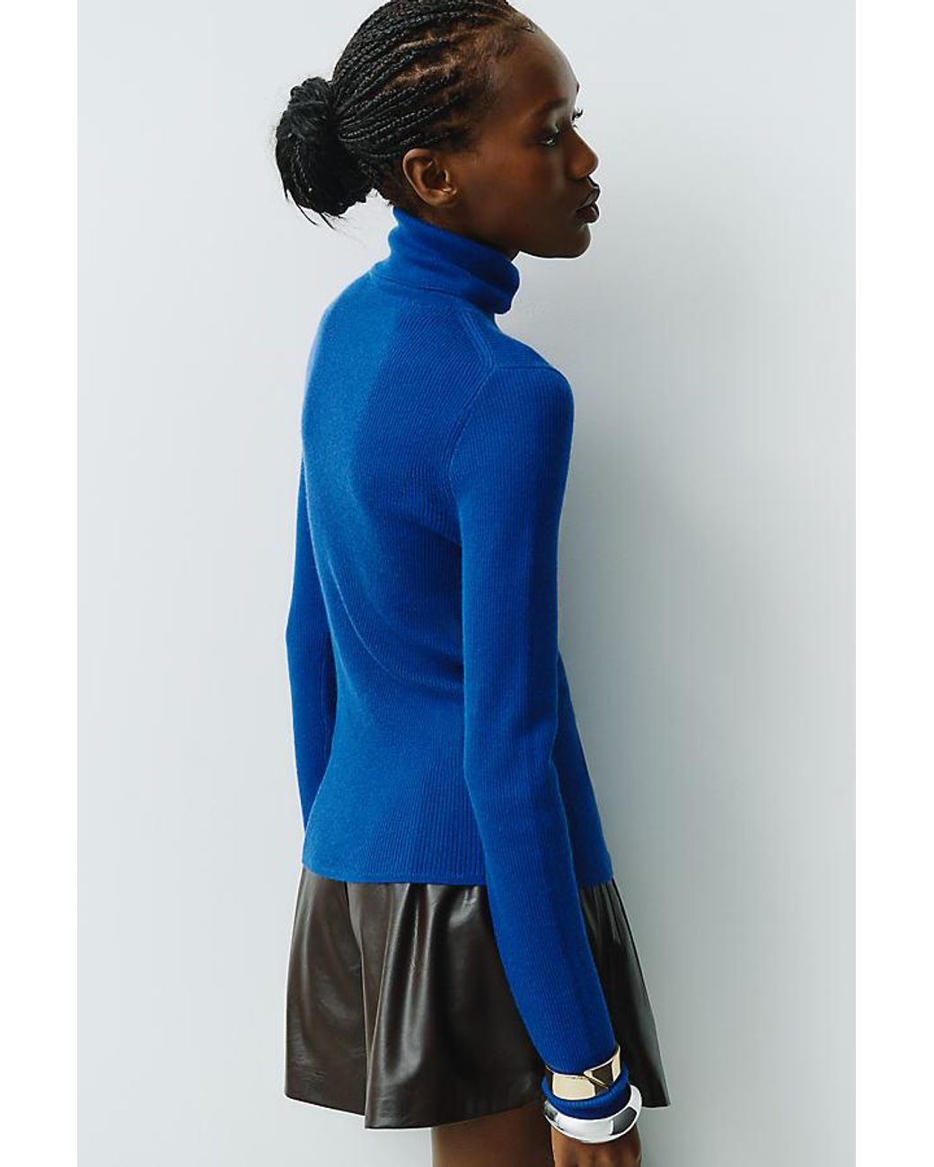 Maeve Blue 100% Cashmere Ribbed Turtleneck Top
