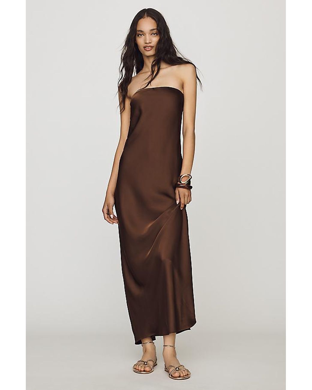 By Anthropologie Brown The Fleur Strapless Satin Maxi Slip Dress