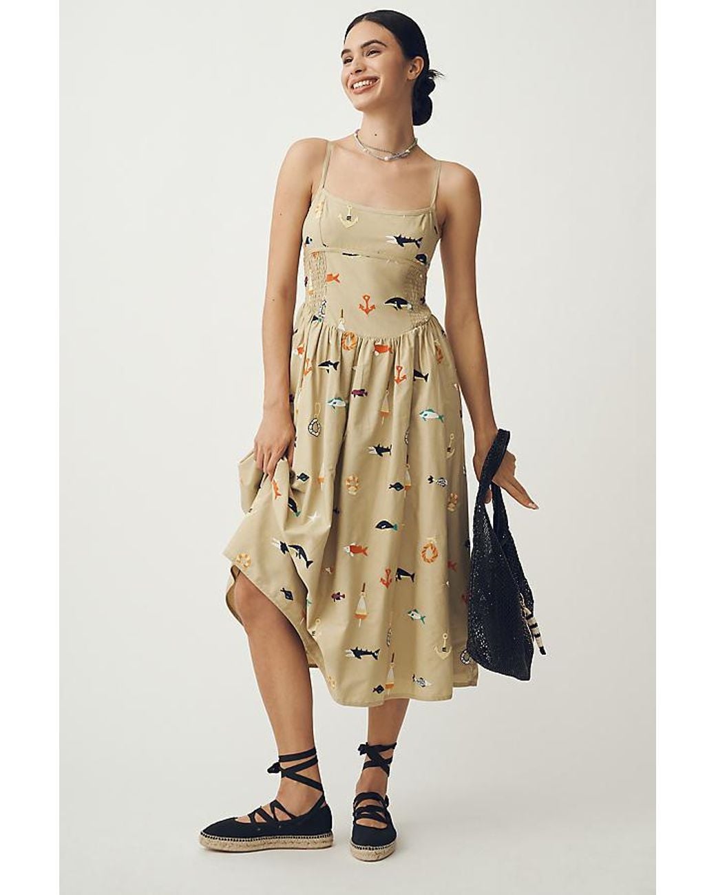 Maeve Sleeveless Square-Neck Drop-Waist Midi Dress in Natural | Lyst UK
