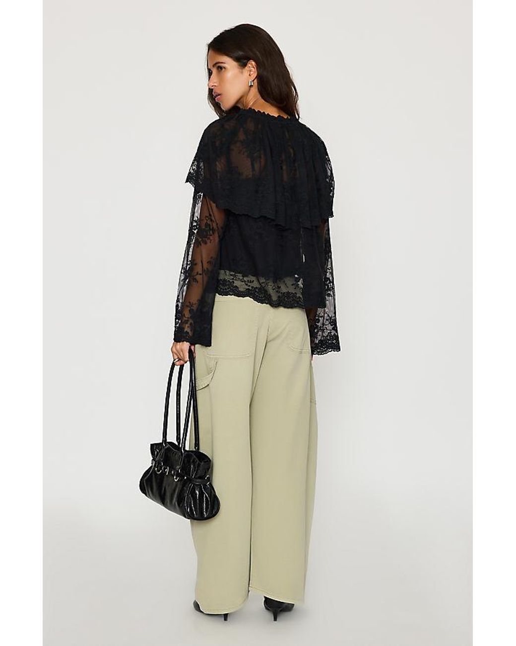 By Anthropologie Black Long-Sleeve Cape Lace Blouse