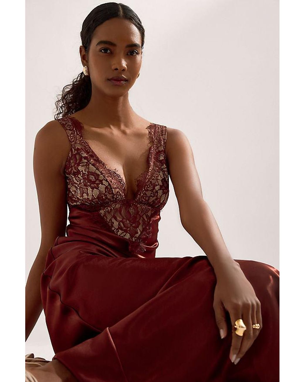Bardot Red Torie Satin Lace Maxi Slip Dress