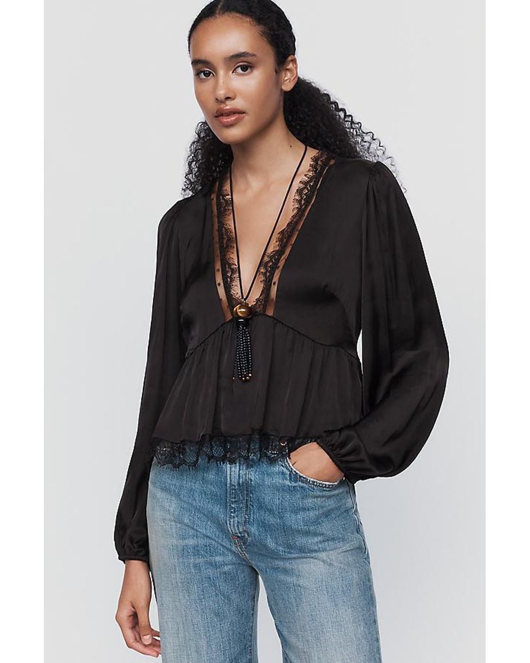 By Anthropologie Black Satin Lace Trimmed Plunge Blouse