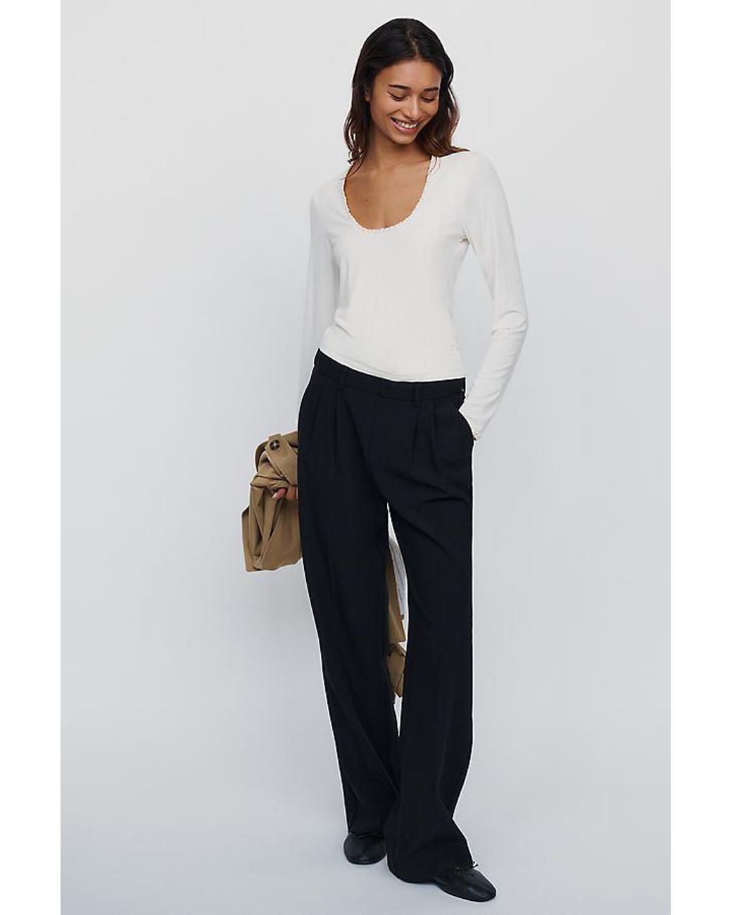 Maeve White Lace-Trim Long-Sleeve Top