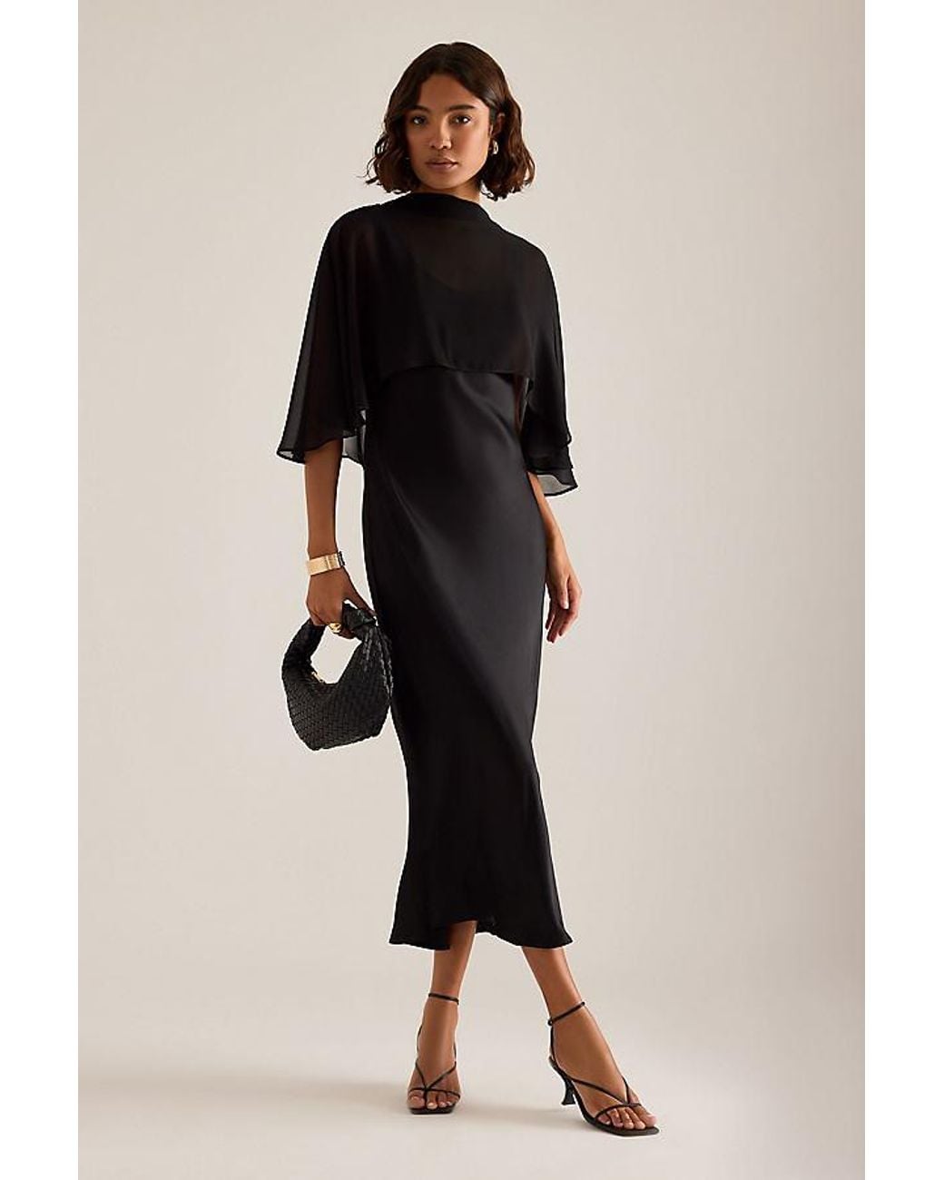 By Anthropologie Casey Cape Overlay Satin Midi Dress in Black