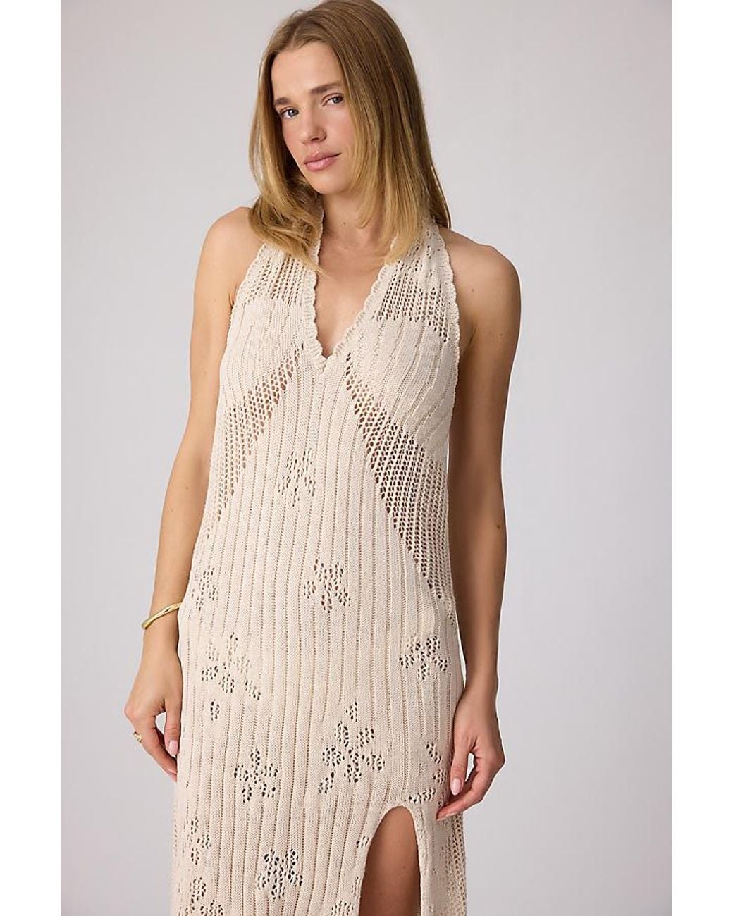 Celandine Natural 100% Cotton Crochet Halter Maxi Dress