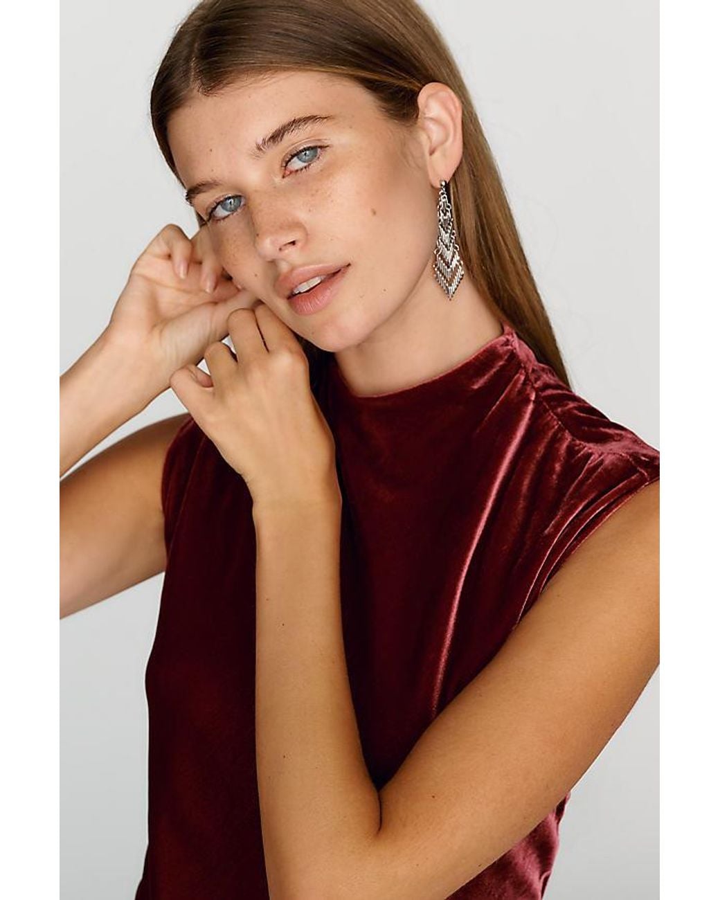 By Anthropologie Red Mock-Neck Velvet Midi Dress