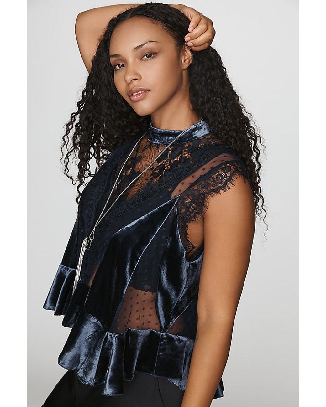 By Anthropologie Blue Harmony Velvet Lace Peplum Blouse
