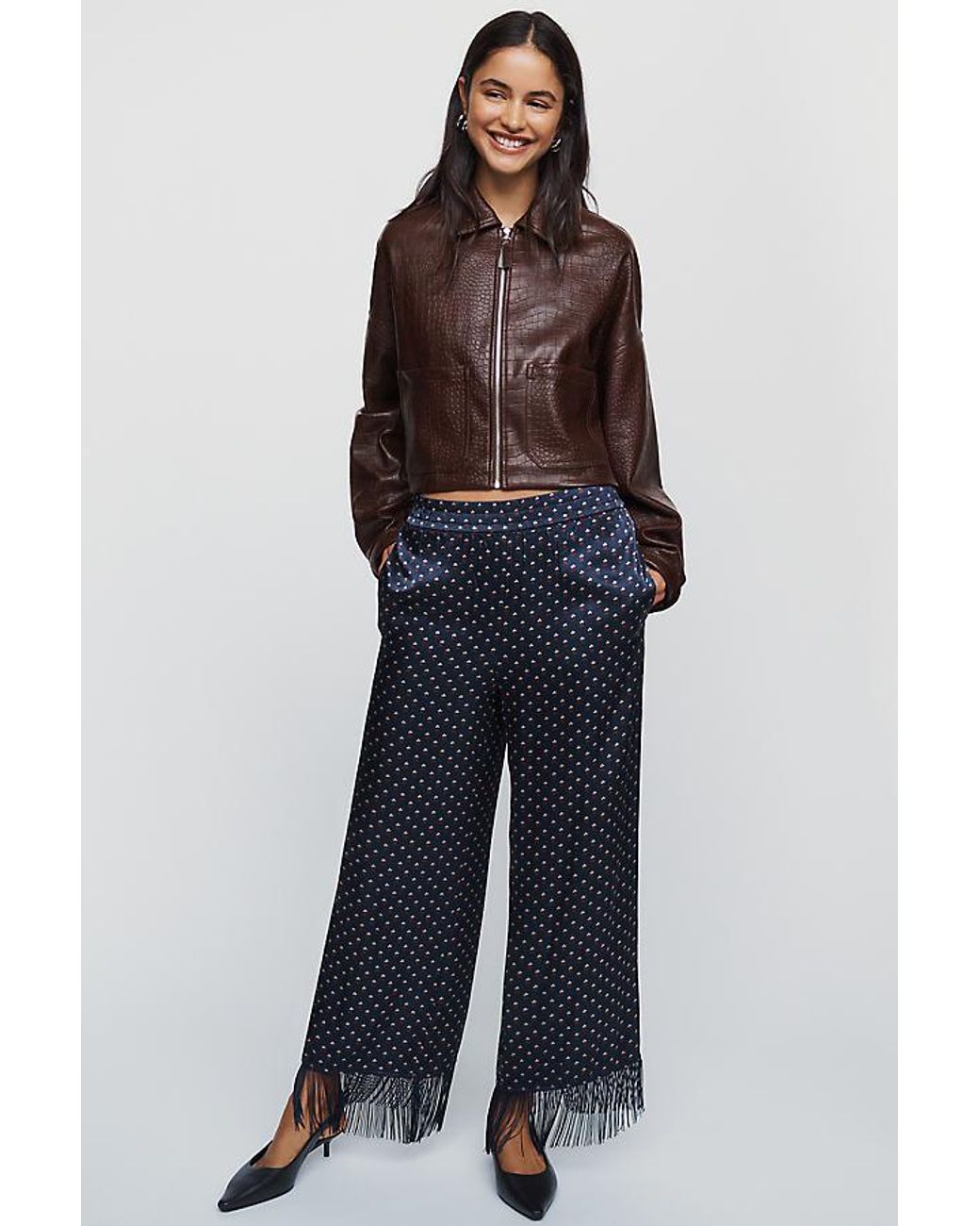 By Anthropologie Blue Silken Fringed Pull-On Trousers