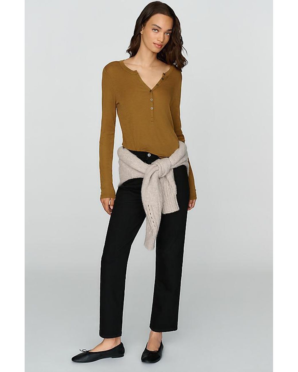 Pilcro Brown Andie 100% Wool Tissue Weight Henley Top