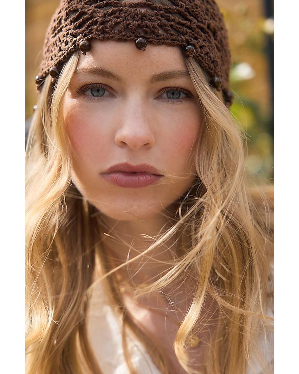 By Anthropologie Brown Crochet Beaded Skull Cap