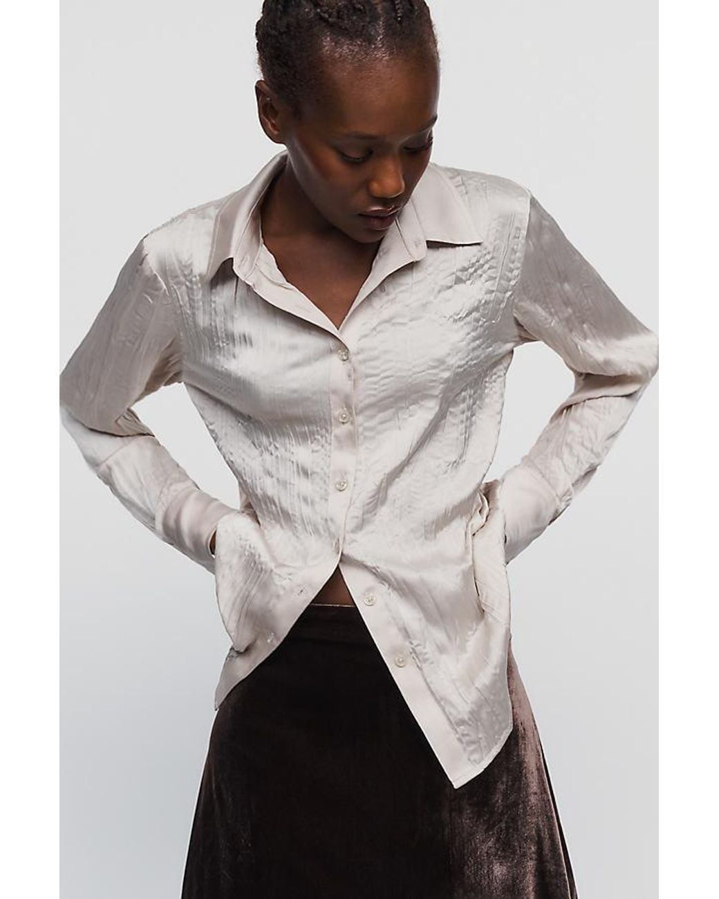 By Anthropologie Gray Long-Sleeve Ruffled Silken Blouse