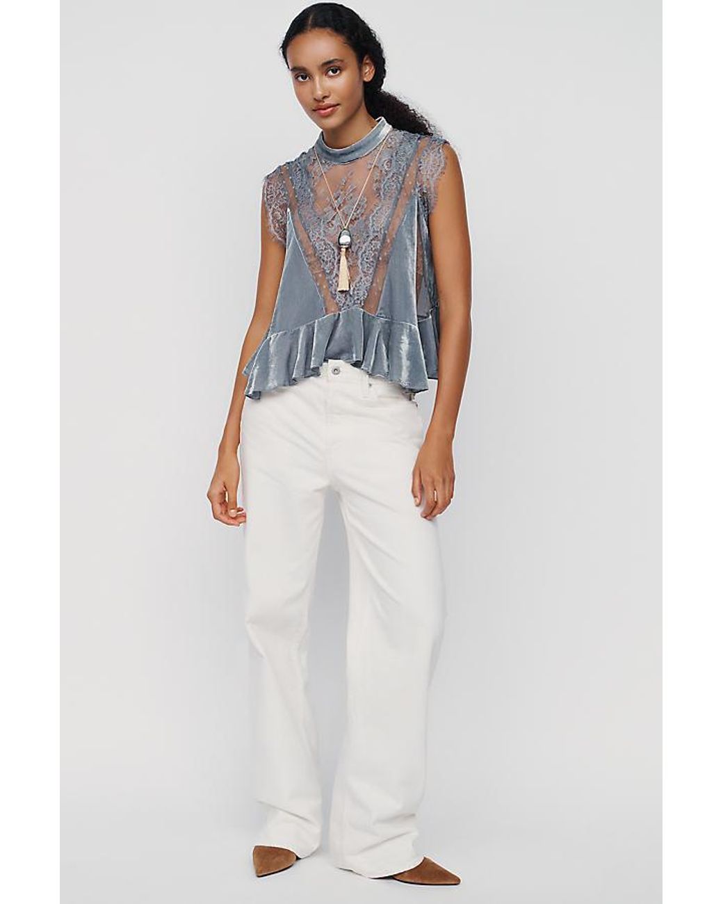 By Anthropologie Blue Harmony Velvet Lace Peplum Blouse