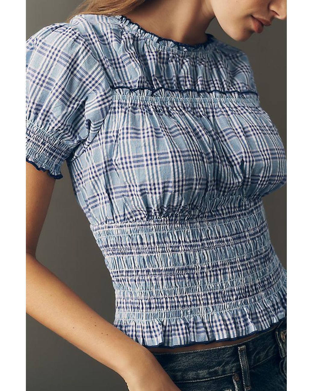 Maeve Blue Smocked Puff-Sleeve Gingham Top