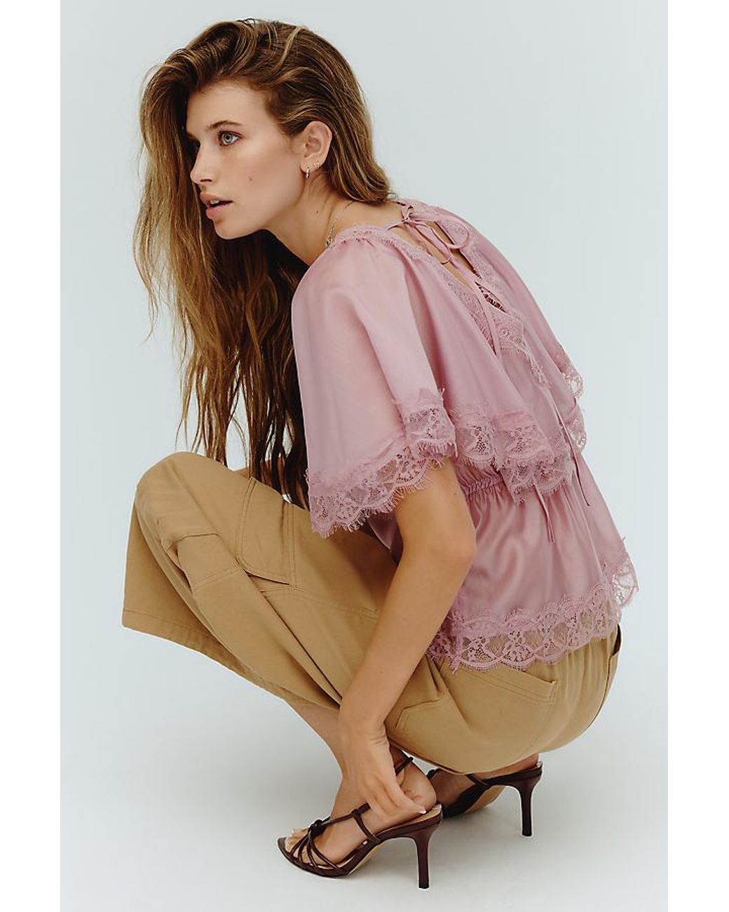 By Anthropologie Pink Silken Lace Blouse