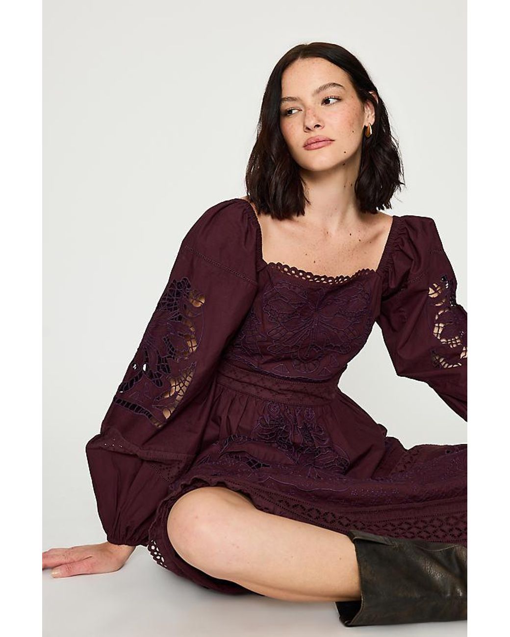 Bl-nk Purple Cutwork Long-Sleeve 100% Cotton Midi Dress