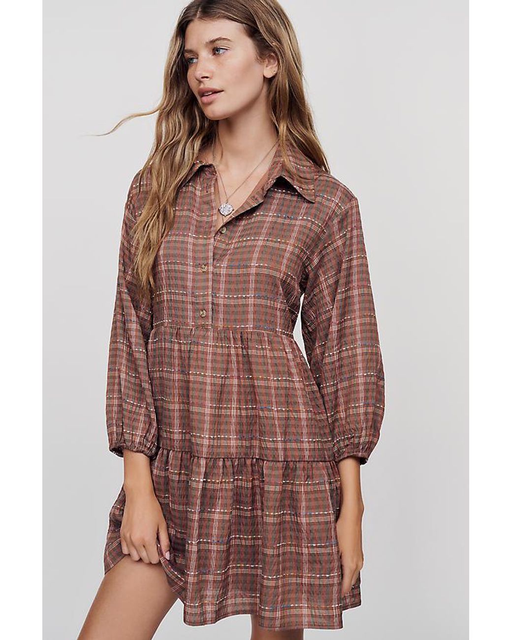Maeve Brown The Bettina Tiered Plaid Mini Shirt Dress By