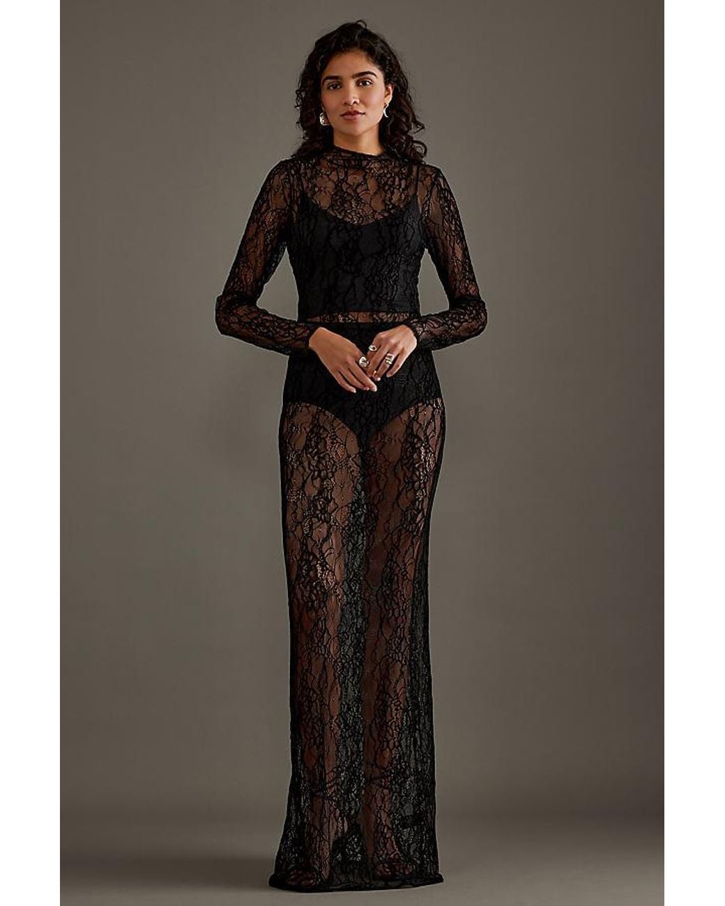 GOOD AMERICAN Lace Long-sleeve Maxi Dress in Black | Lyst UK