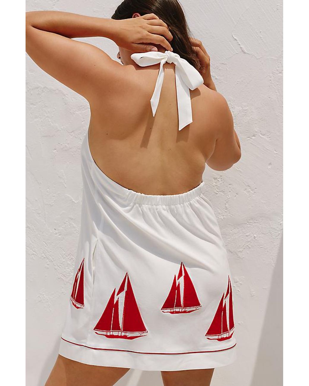 Celandine White Embroidered Sailboat Halter Mini Dress