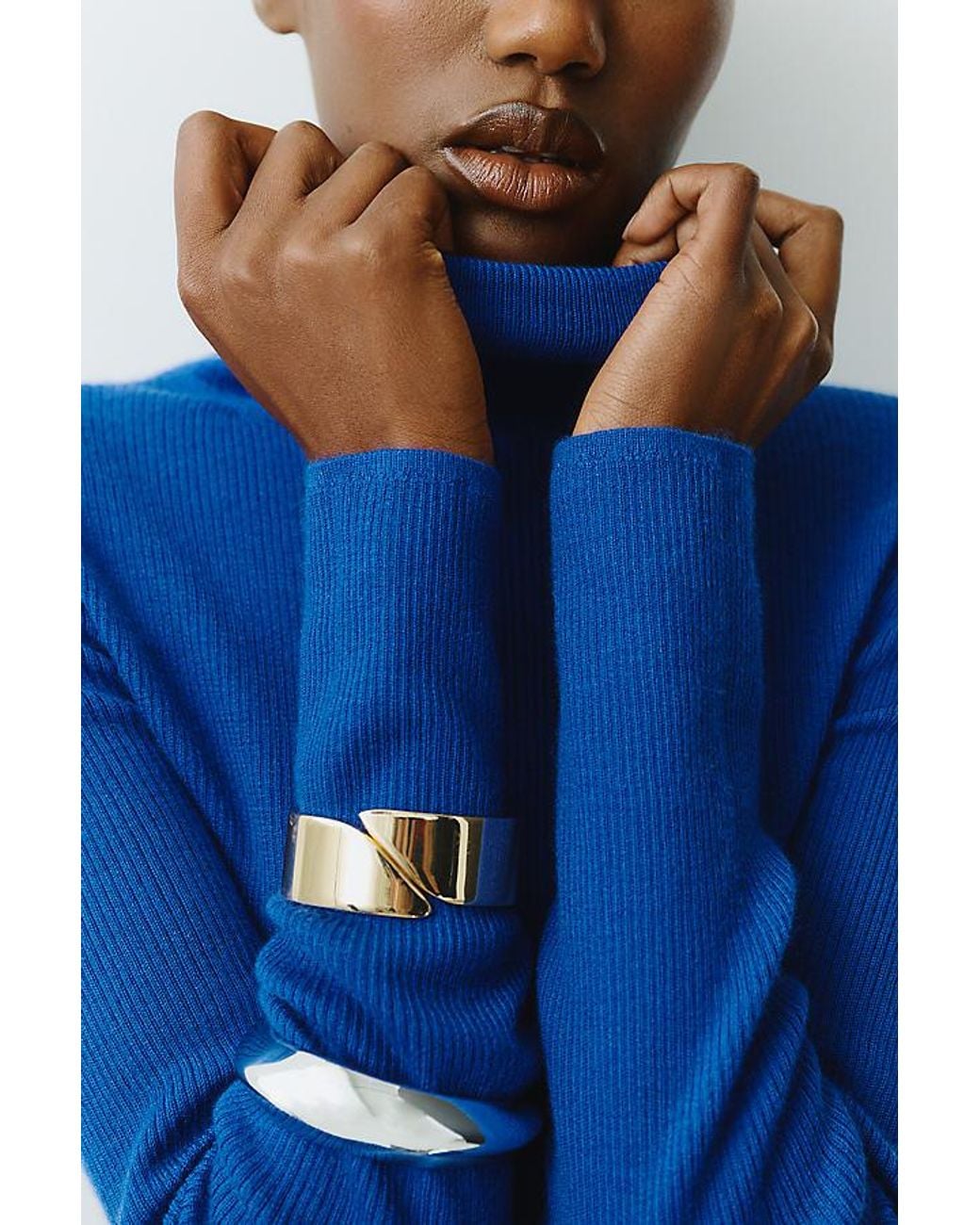 Maeve Blue 100% Cashmere Ribbed Turtleneck Top