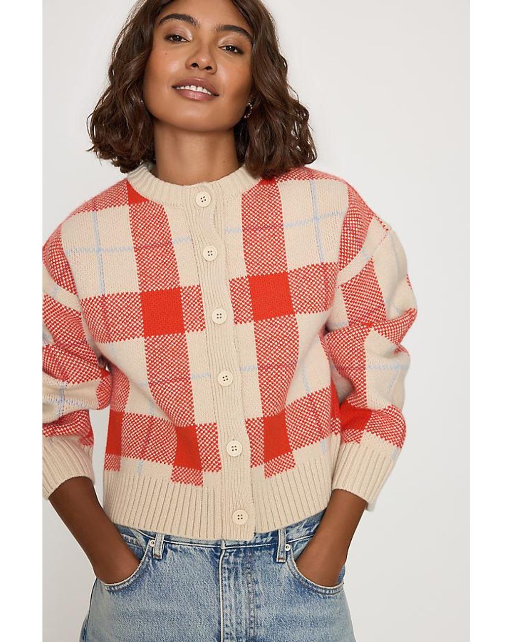 The Tiny Big Sister Red 100% Wool Check Cardigan