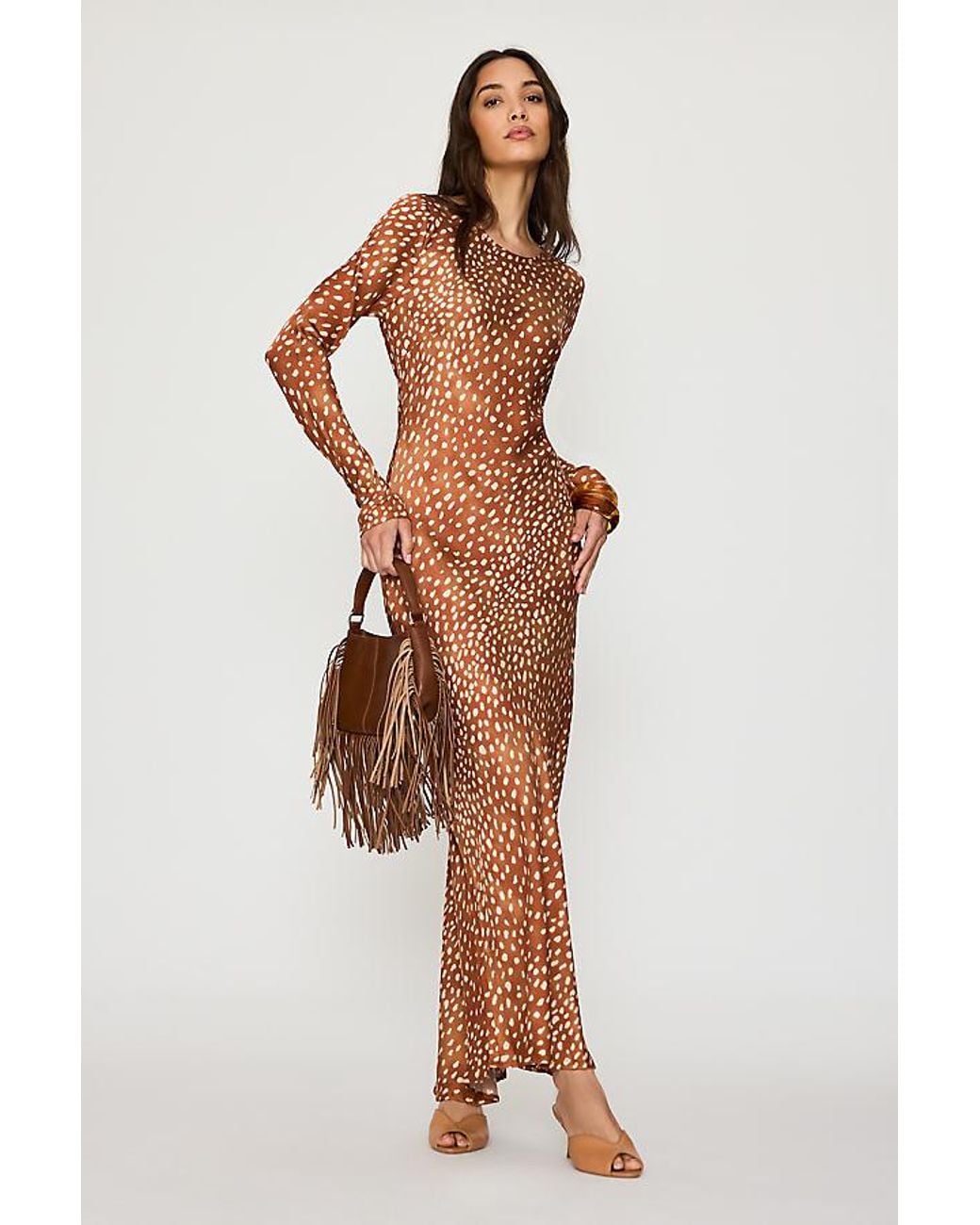 Never Fully Dressed Brown Soho Deer Print Satin Maxi Dress