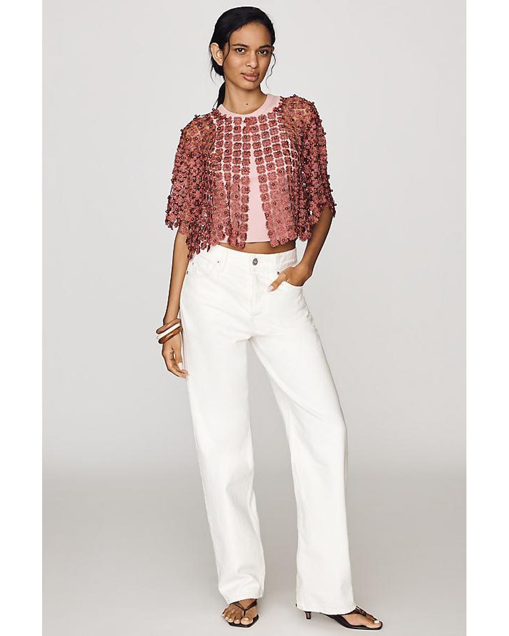 By Anthropologie Red Sheer Pearl Lace Cape