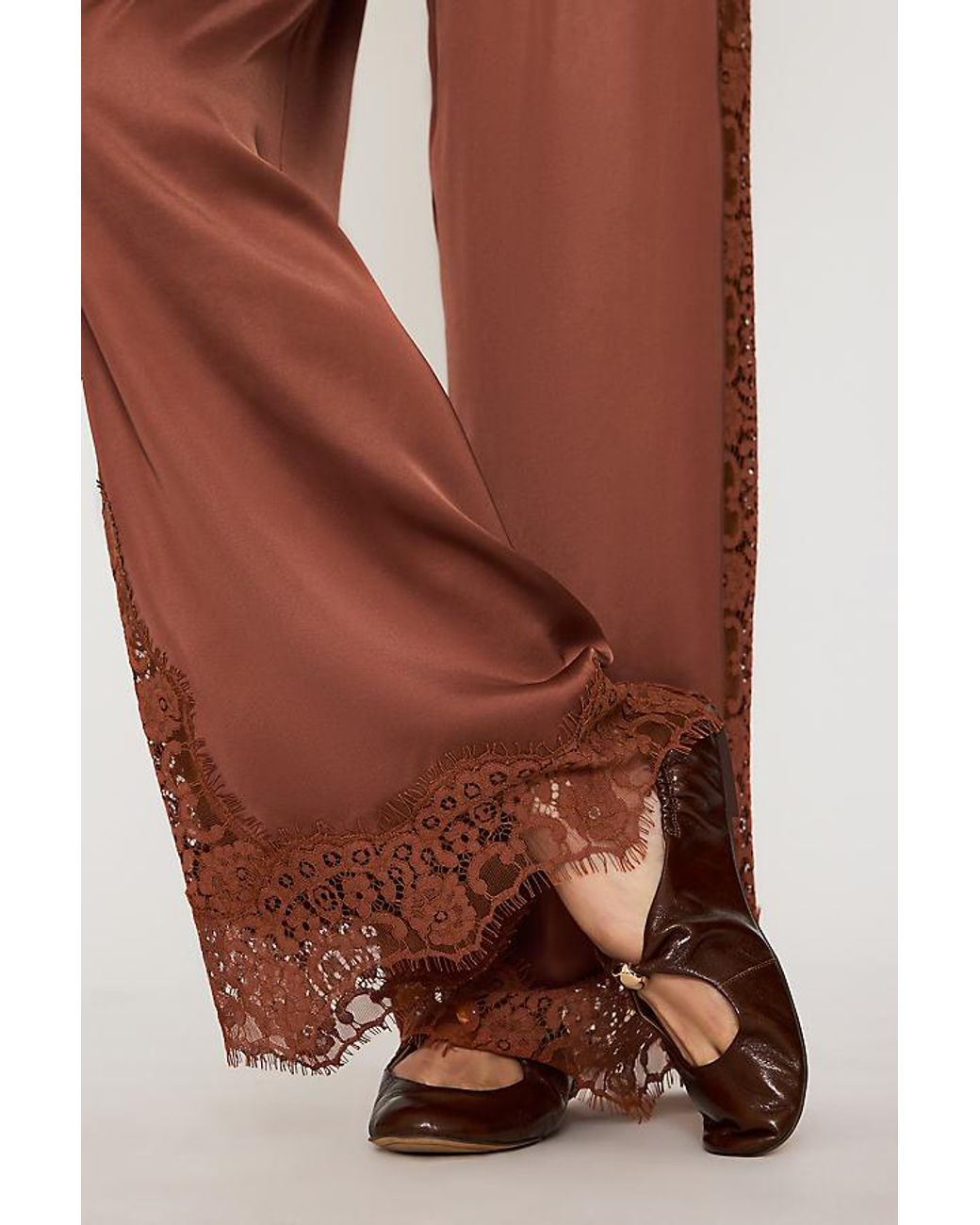 By Anthropologie Brown Satin Lace Wide-Leg Trousers