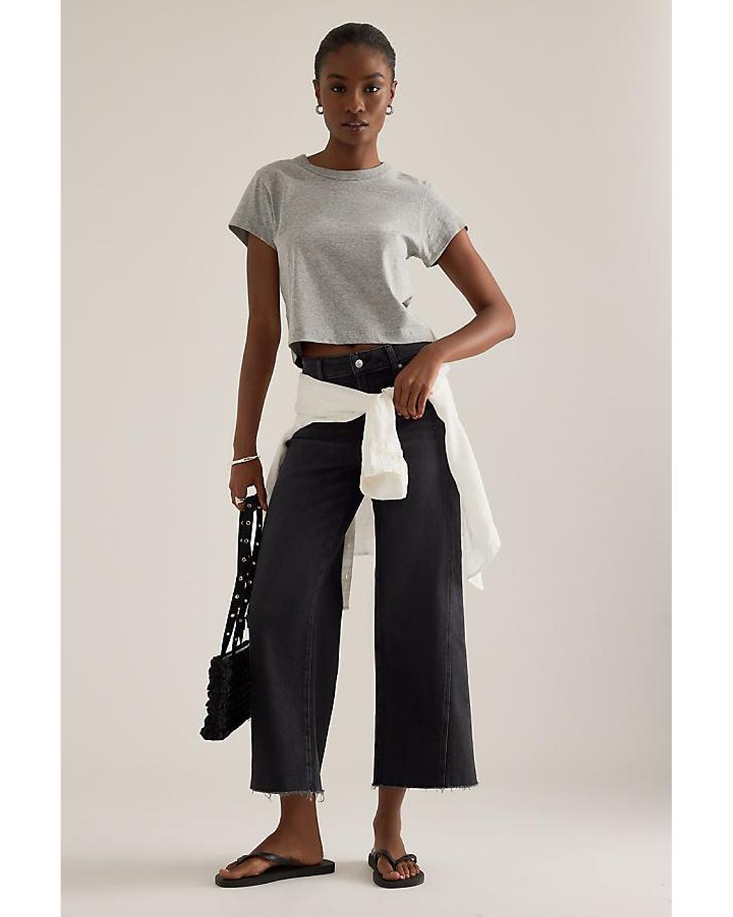 PAIGE Black Anessa Twisted Panel Crop Wide-Leg Jeans