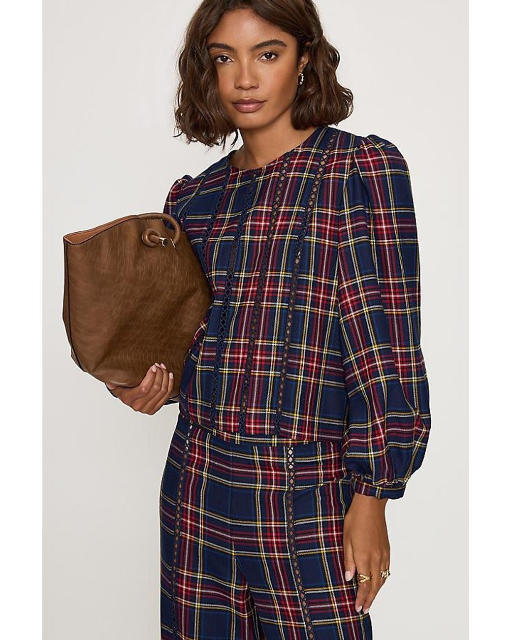 The Tiny Big Sister Blue Check Puff-Sleeve Blouse