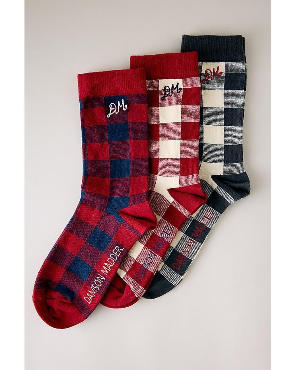 Damson Madder Red Mixed Gingham Socks, 3 Pack
