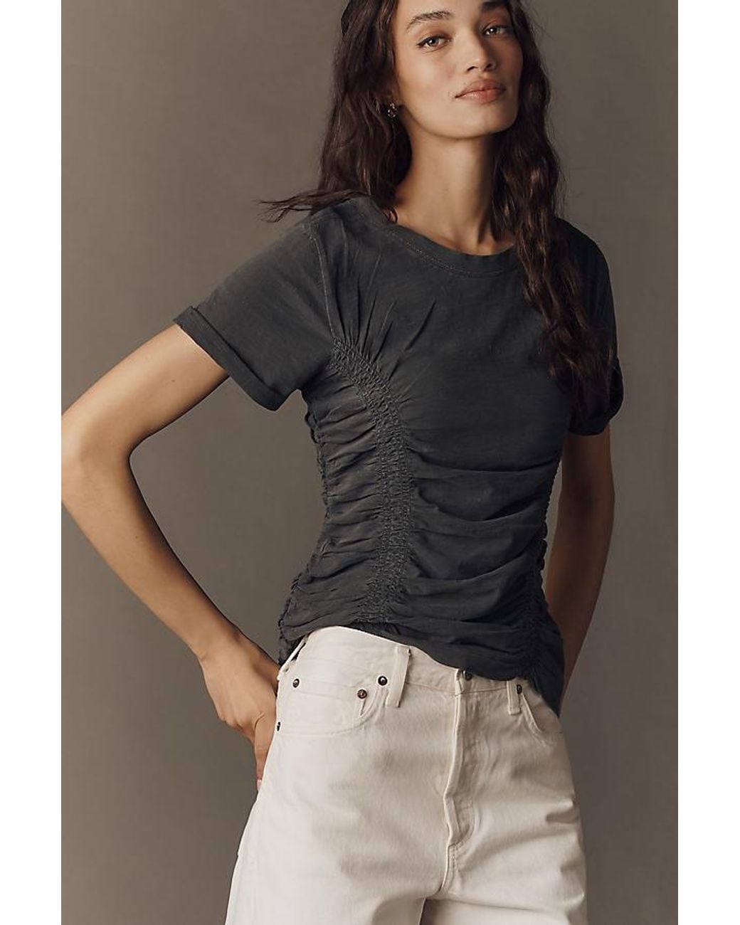 Pilcro Gray The Bennie Slim Crew Neck Cotton-Slub T-Shirt By Cinched Edition