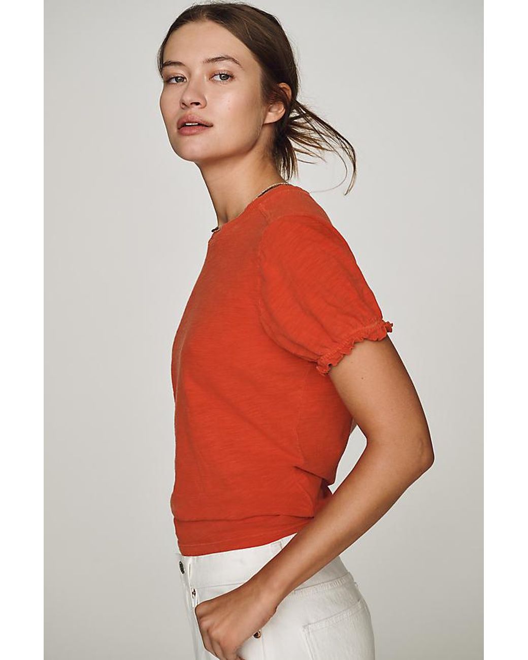 Pilcro Pink The Bennie Cotton-Slub Crew-Neck T-Shirt By Puff-Sleeve Edition