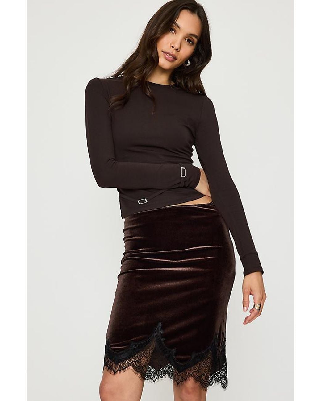Feners Brown Suave Velvet Lace-Hem Skirt